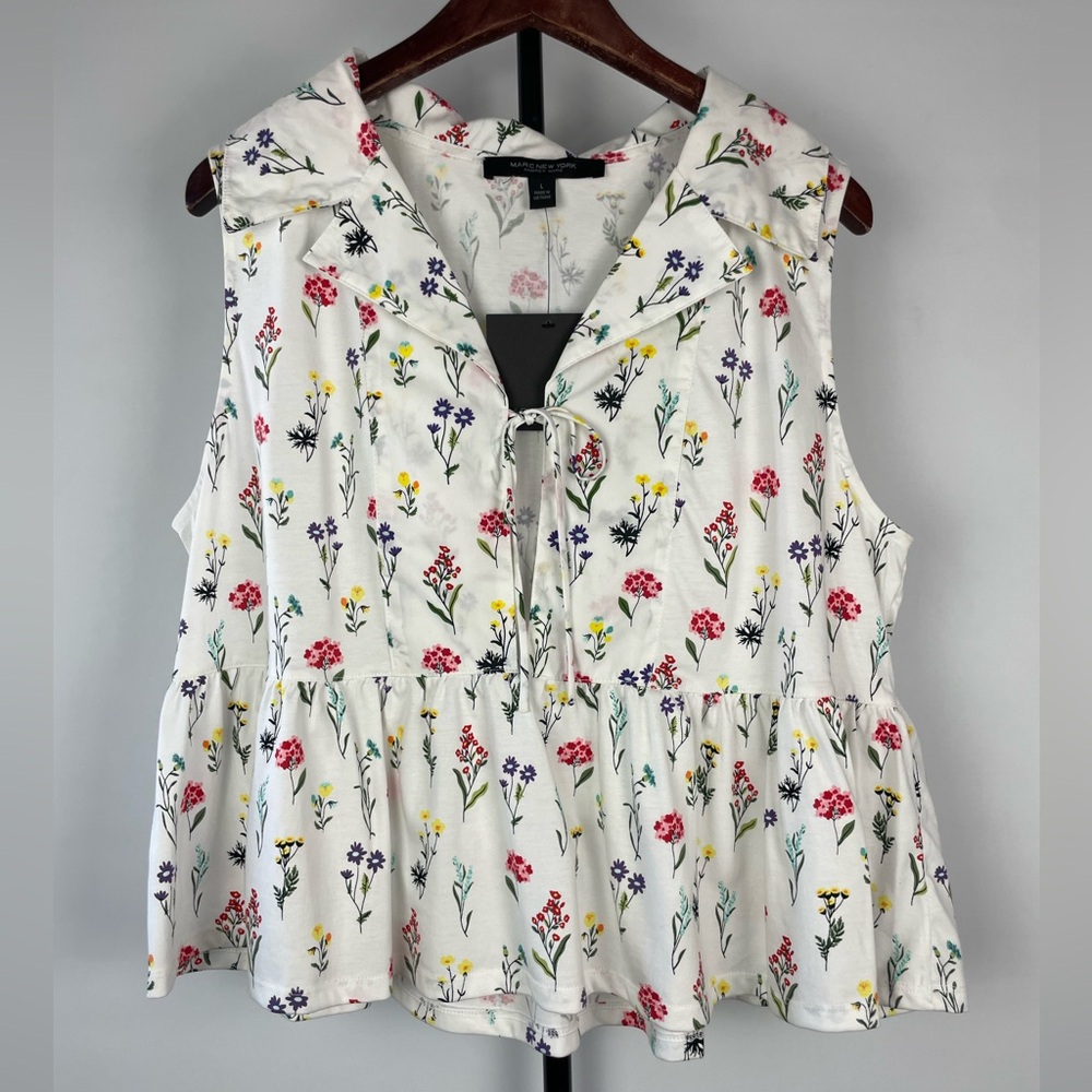 Marc New York White Ditsy Floral Sleeveless Collared Tie-Front Peplum Blouse